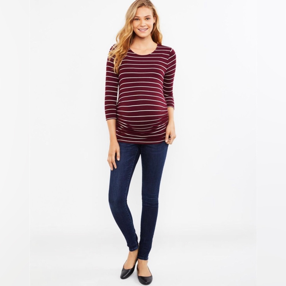 Motherhood Maternity Burgundy Striped Scoop Neck Tunic, Women’s Size Medium.